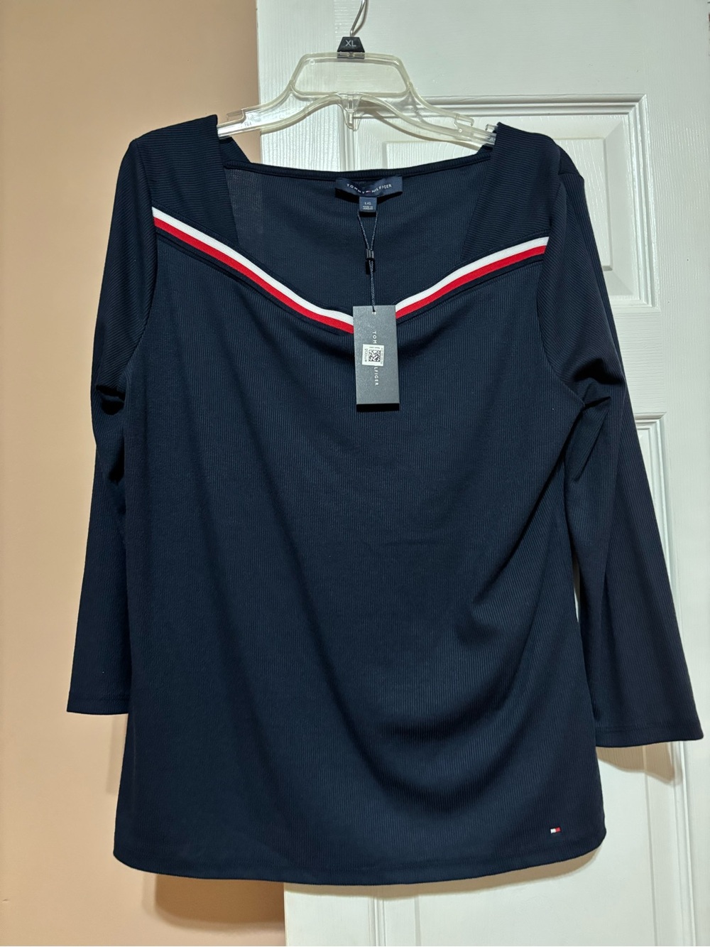 Tommy Hilfiger Navy Long-Sleeve Top with Red & White Chevron Trim